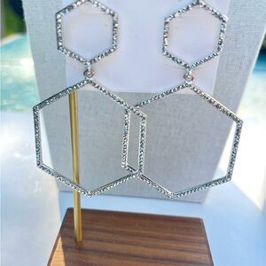 Aqua Silver Tone And Rhinestone Geometric Hexagon Dangle Earrings